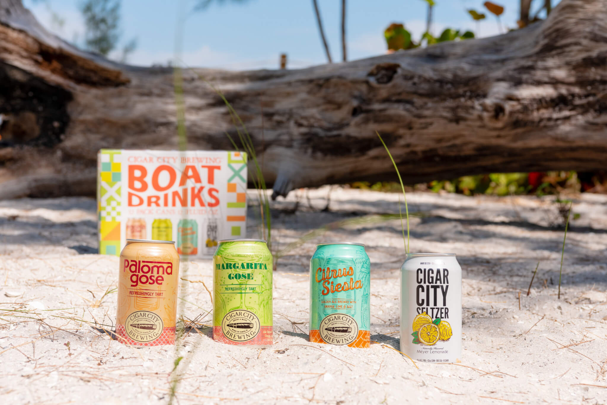 Cigar City Brewing's Boat Drinks Mixed 12 pack, featuring Paloma Gose, Margarita Gose, Citrus Siesta Golden Ale, and Cigar City Meyer Lemonade Hard Seltzer.