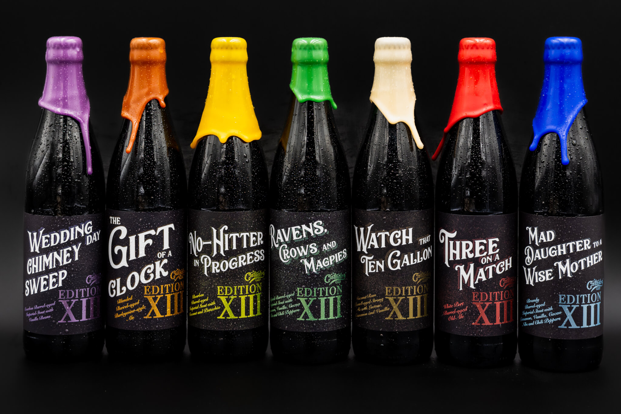 The lineup of bottles from the 13th edition of Cigar City Brewing's El Catador Barrel-aged Beer Club.