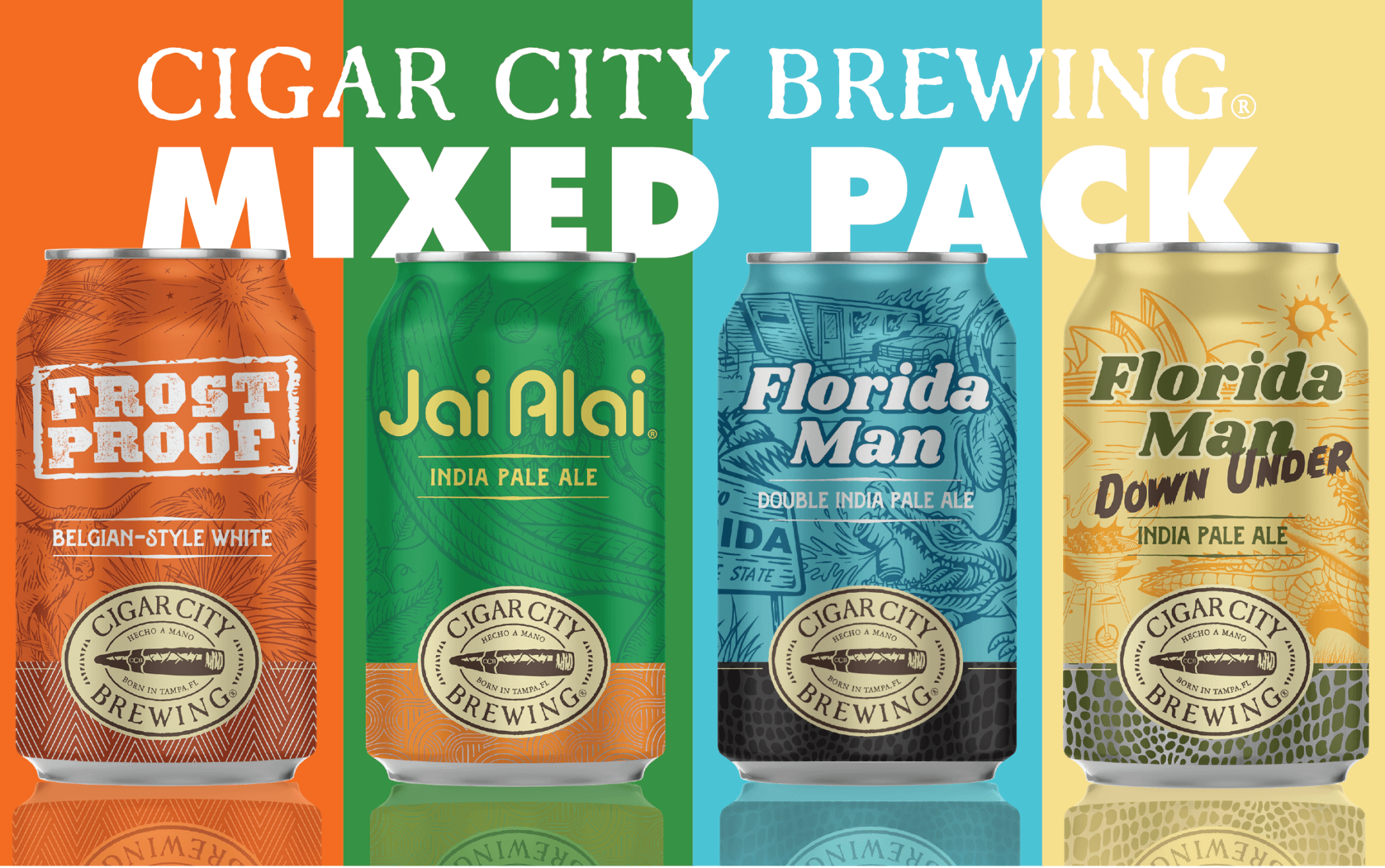 Cigar City Brewing's newest mixed 12-pack features three cans each of Frost Proof Belgian-style White Ale, Jai Alai IPA, Florida Man Double IPA, and Florida Man Down Under IPA.