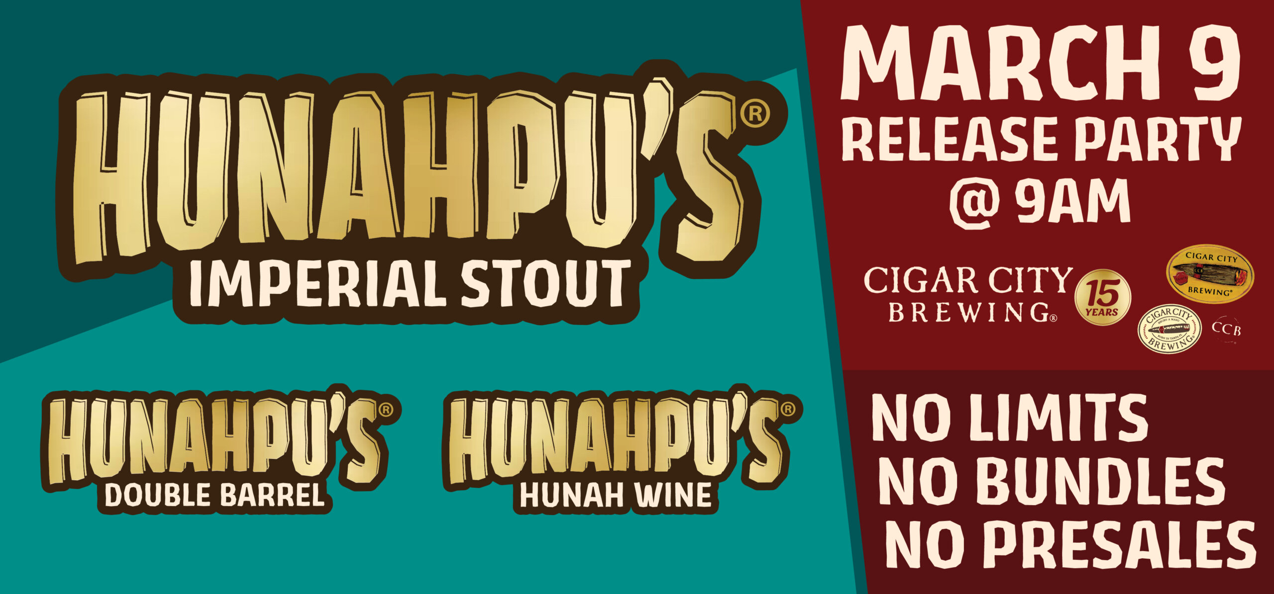 Image featuring logos for Hunahpu's Imperial Stout, Hunahpu's Double Barrel, and Hunahpu's Hunah Wine. Overlaid text says March 9 Release Party at 9 AM and mentions no limits, no bundles, no presales.